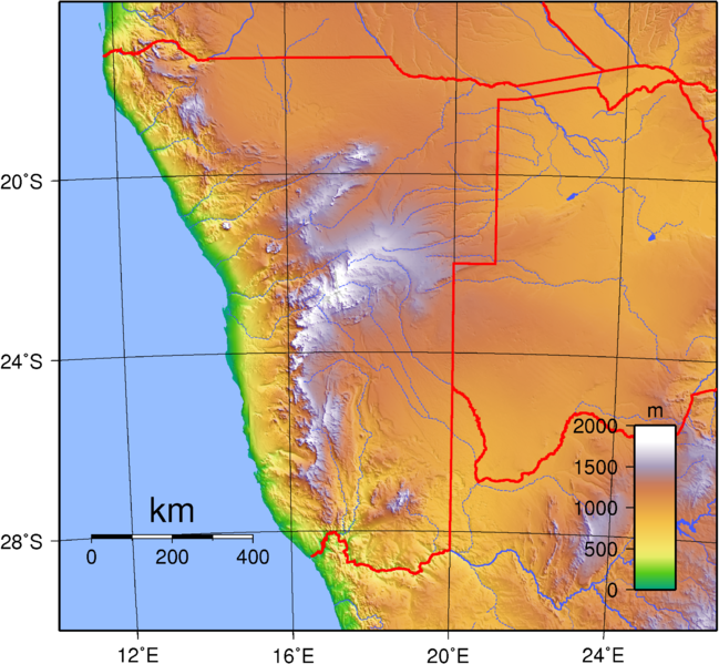 Namibia, Topographie, Relief, Karte